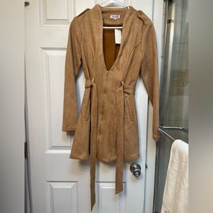 Faux Suede U-Neck Jacket with Belt